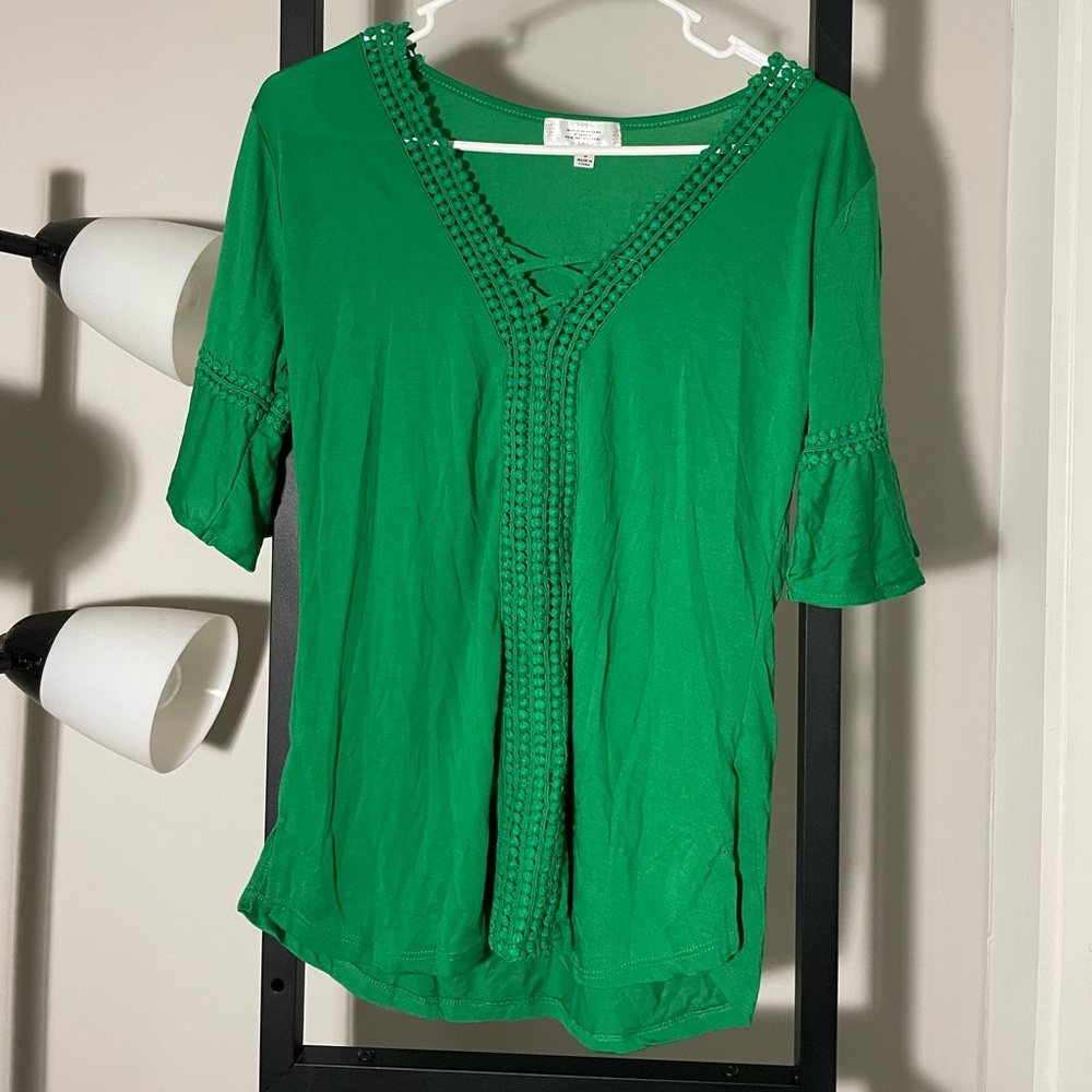 Chic Green V-Neck Blouse with Crochet Trim